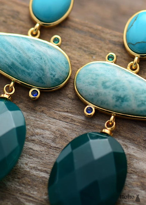 Boho Earrings, Dangle Earrings, Hyperbole Amazonite Onyx Stud